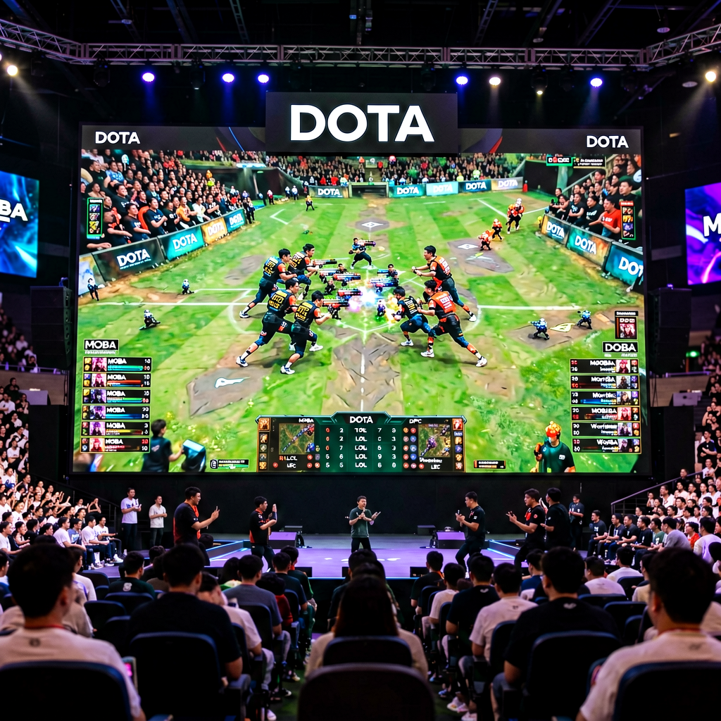 DOTA2国际邀请赛Ti赛场，选手在巨大屏幕上展示精彩团战瞬间