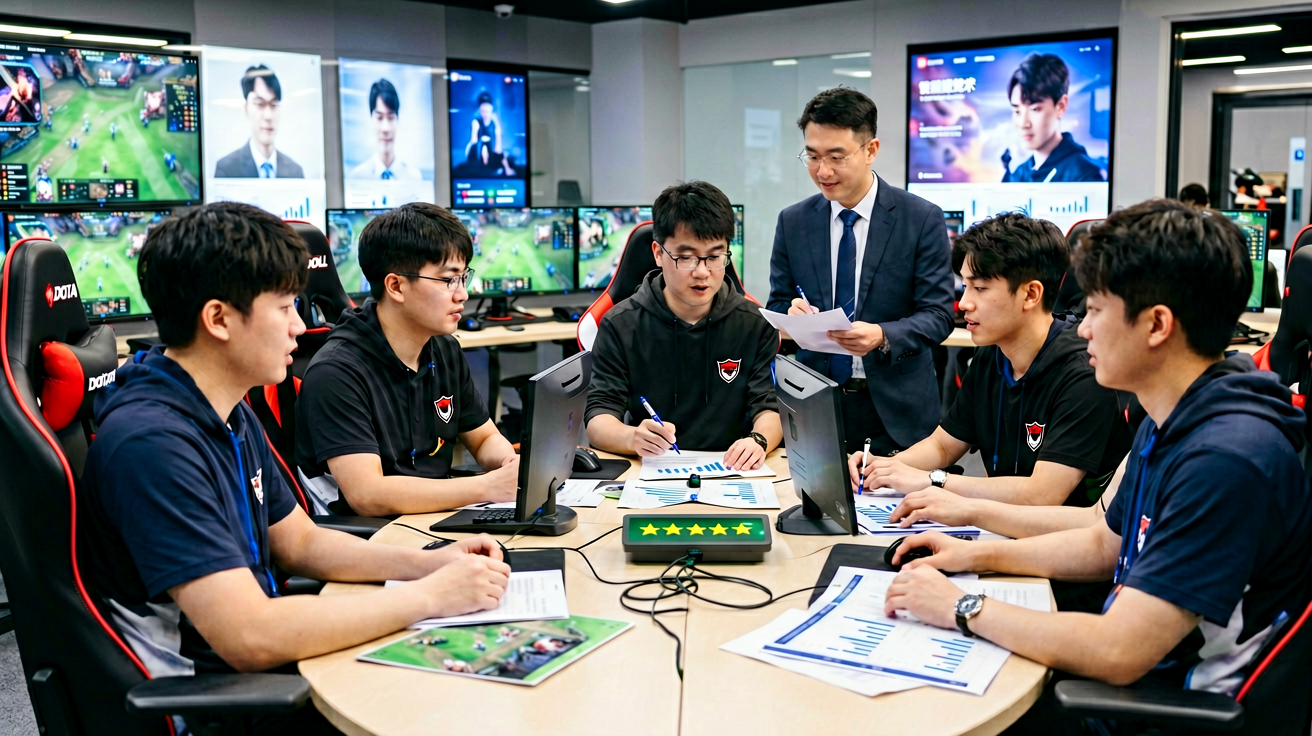 电竞选手在专业训练基地进行战术研讨，教练团队分析比赛录像和数据报告